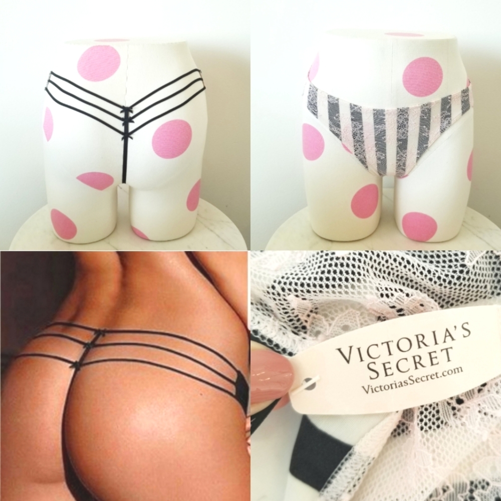 Victoria's Secret Vintage Very Sexy Strappy Striped Lace V-String Panty NWT Pink